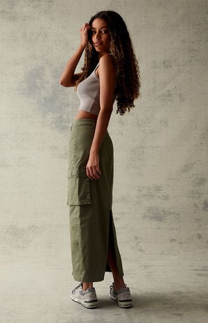 Olive Stretch High-Waisted Cargo Midi Skirt image number 4