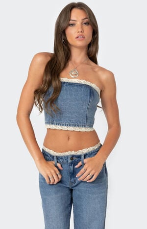 Karlie Lace Trim Denim Tube Top image number 1