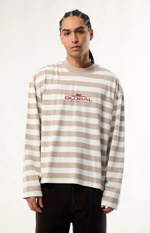 Tan Global Striped Heavyweight Cropped Long Sleeve T-Shirt image number 1