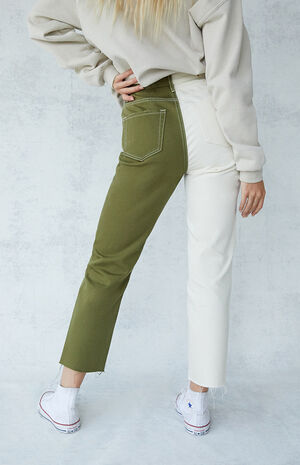 Olive Two-Tone High Waisted Straight Leg Jeans image number 3
