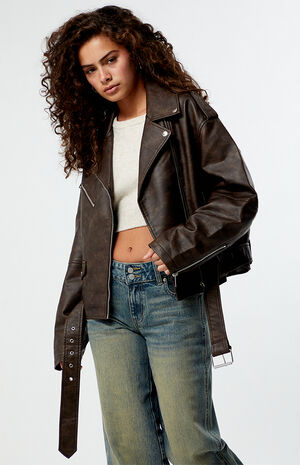 Brown Faux Leather Moto Jacket image number 1