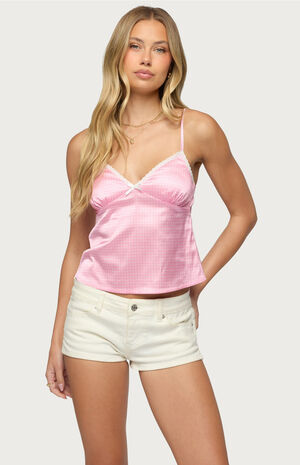 POLKA DOT SATIN EFFECT LACE TRIM TOP image number 1