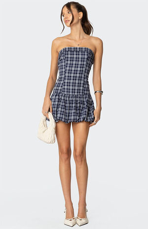 Plaid Strapless Bubble Mini Dress image number 2