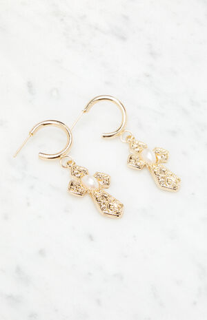 Chunky Pearl Cross Earrings image number 2