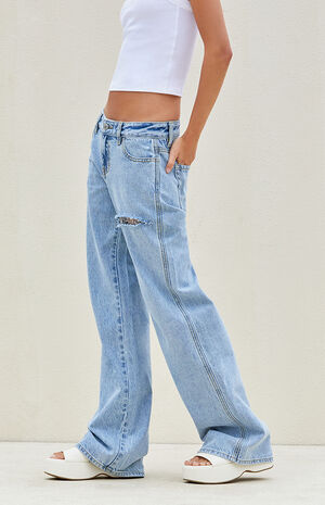 Light Indigo Rhinestone Embellishment Low Rise Baggy Jeans image number 3