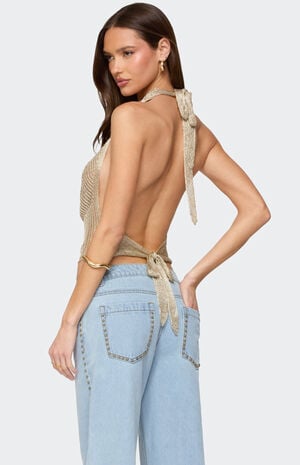 Shiny Knit Cowl Neck Backless Top image number 5