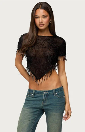 Yanna Beaded Fringe Poncho Top image number 1