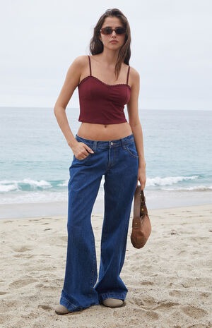 Burgundy Lace Trim Cropped Tank Top image number 4