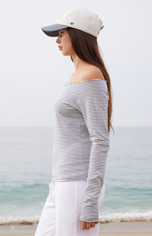 Light Blue Striped Bonnie Off-The-Shoulder Long Sleeve Top image number 3