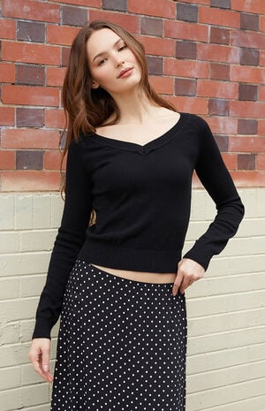 Black Off-The-Shoulder V-Neck Sweater image number 1