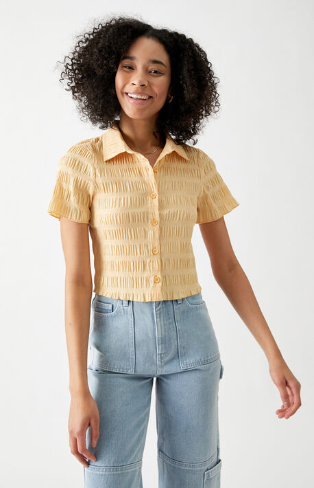 Shirred Smocked Button Down Shirt