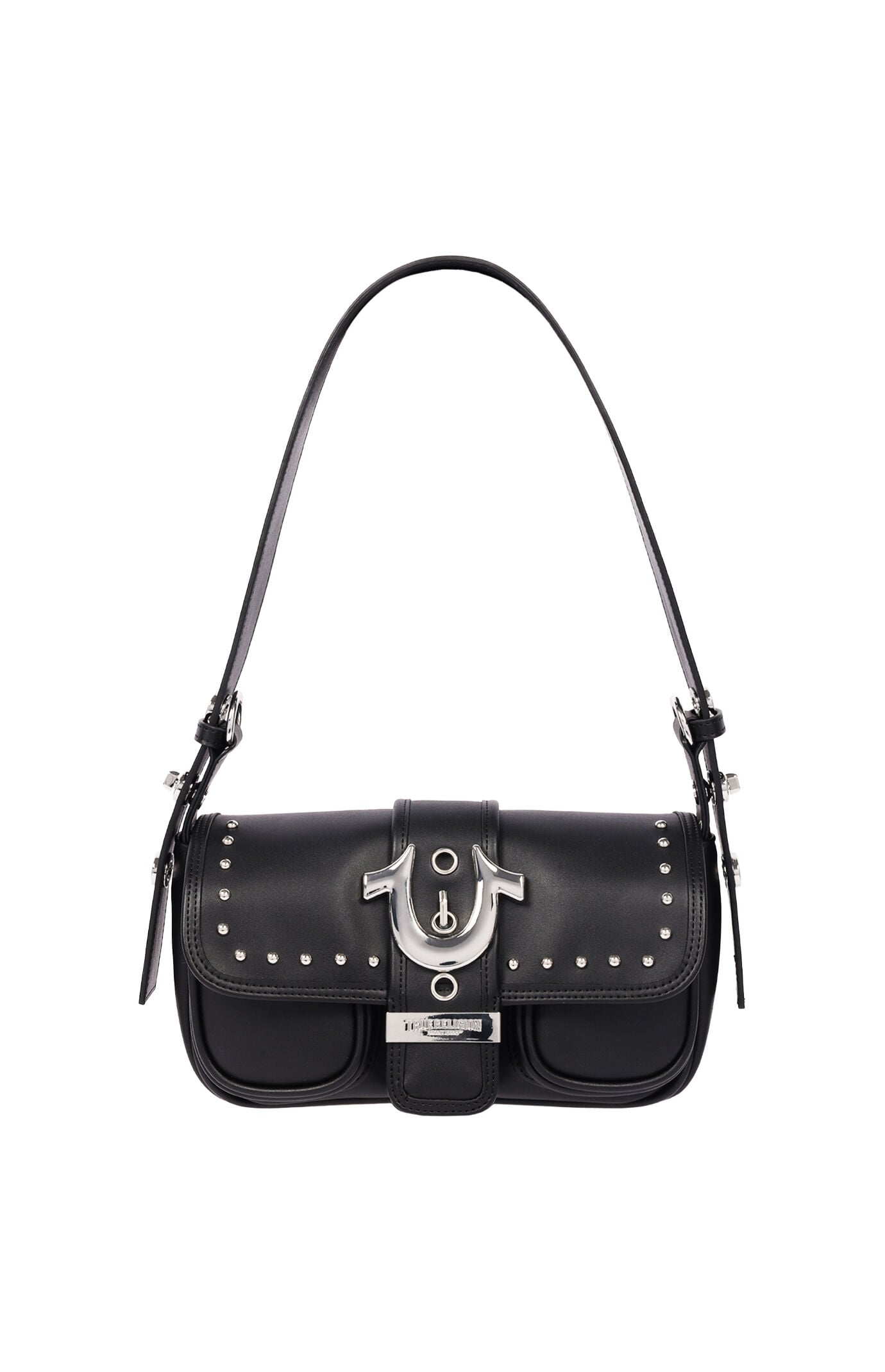 True Religion Black Smooth Moto Studded Shoulder Bag