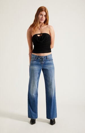 Zoe Low Rise Girlfriend Jeans Lace-Up Medium Blue image number 6