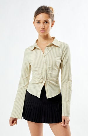 Striped Cinched Long Sleeve Button Down Shirt image number 2