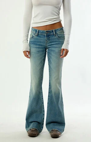 Alana Ultimate Low Rise Flare Jeans Stretch Button Pocket Medium Blue image number 2