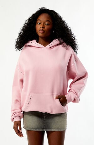 Pink Studded Solid Pullover Hoodie image number 2