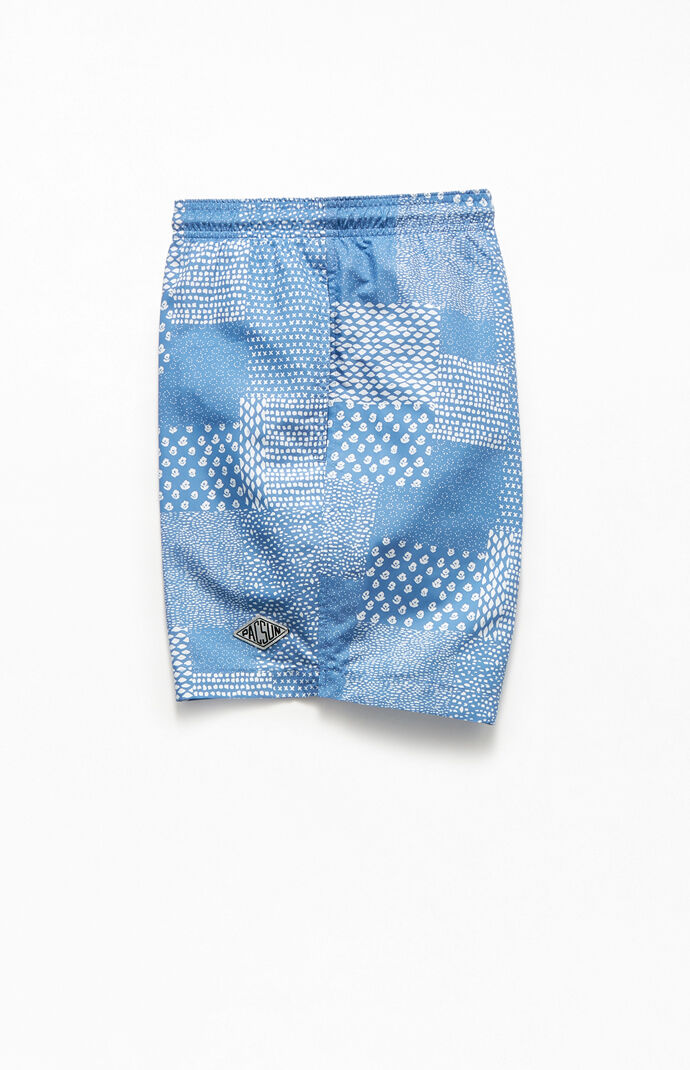 Blue Patchwork 17" Swim Trunks