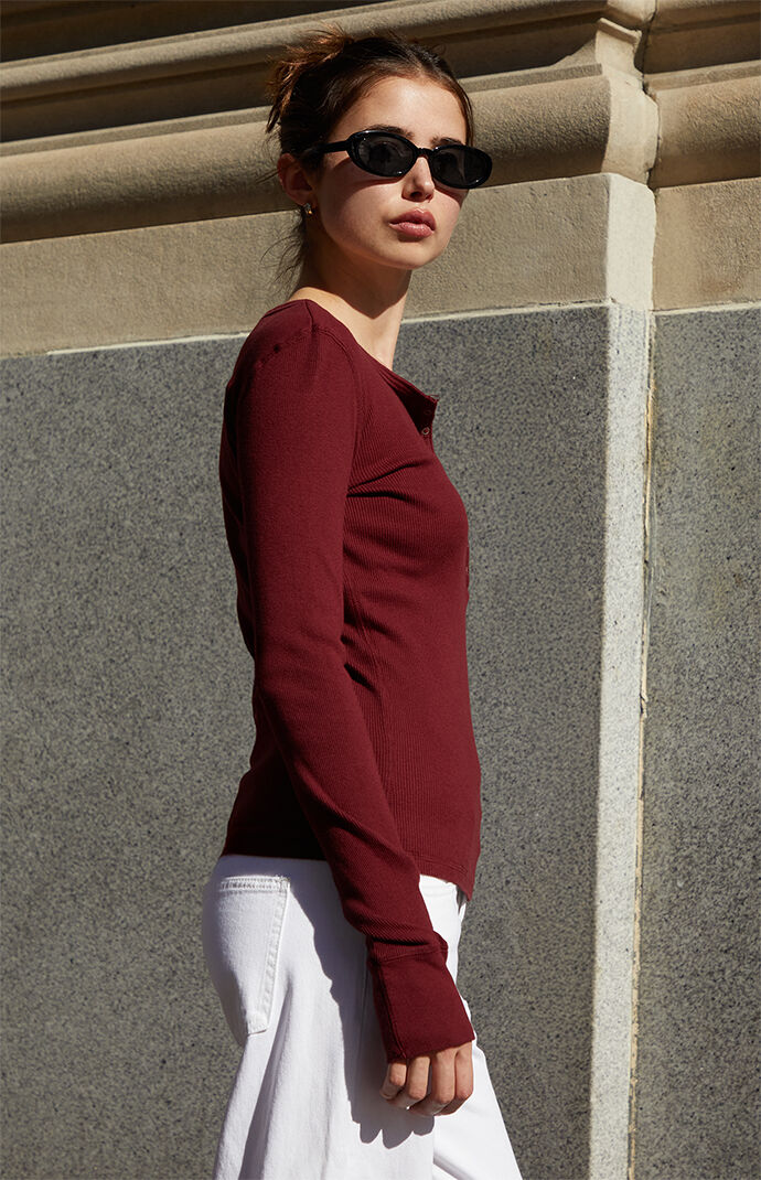 John Galt Burgundy Athern Ribbed Long Sleeve Top