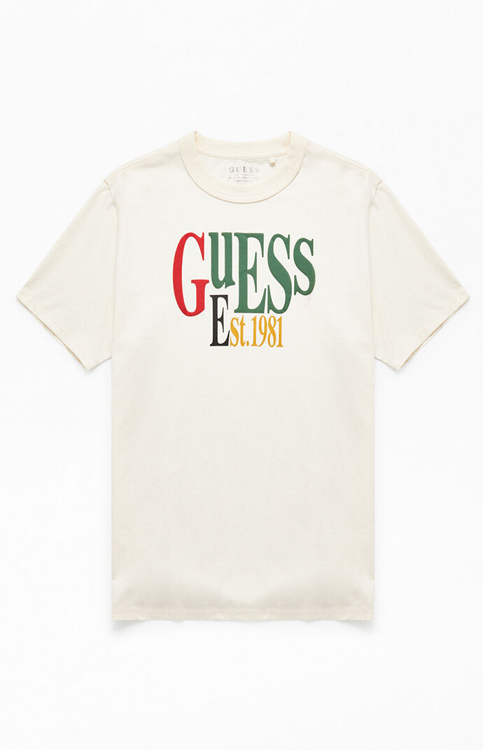 red and white guess t shirt