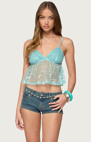 Sheer Sequin Babydoll Tank Top image number 1