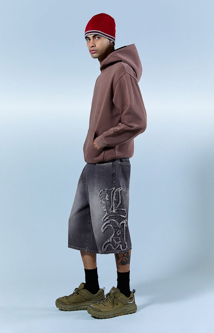 Pacsun Austin Extreme Baggy Jorts Frayed LA Applique Gray