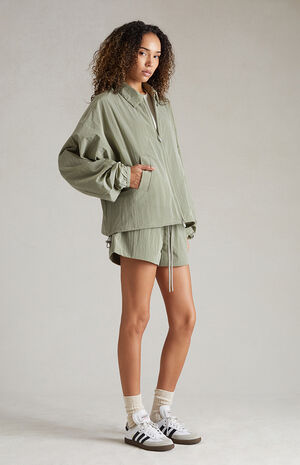 Women's Garden Yellow Crinkle Nylon Shell Bomber Jacket image number 6