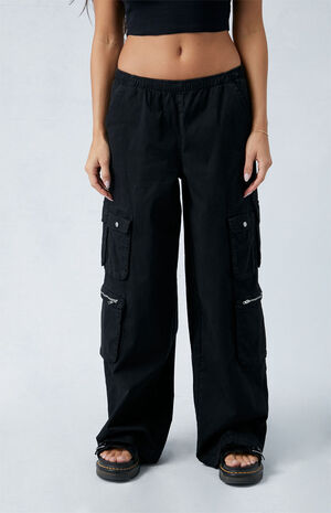 Black Draped Low Rise Wide Leg Cargo Pants image number 2