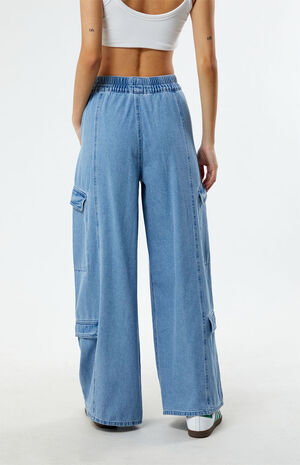 Light Indigo Wide Leg Cargo Jeans image number 4