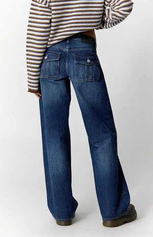 Casey Low Rise Baggy Jeans Button Flap Pocket Dark Blue image number 4