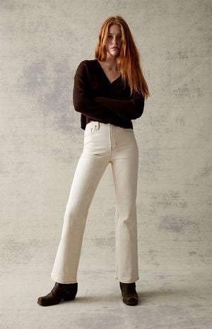 Cream Stretch High Waisted Bootcut Jeans image number 2