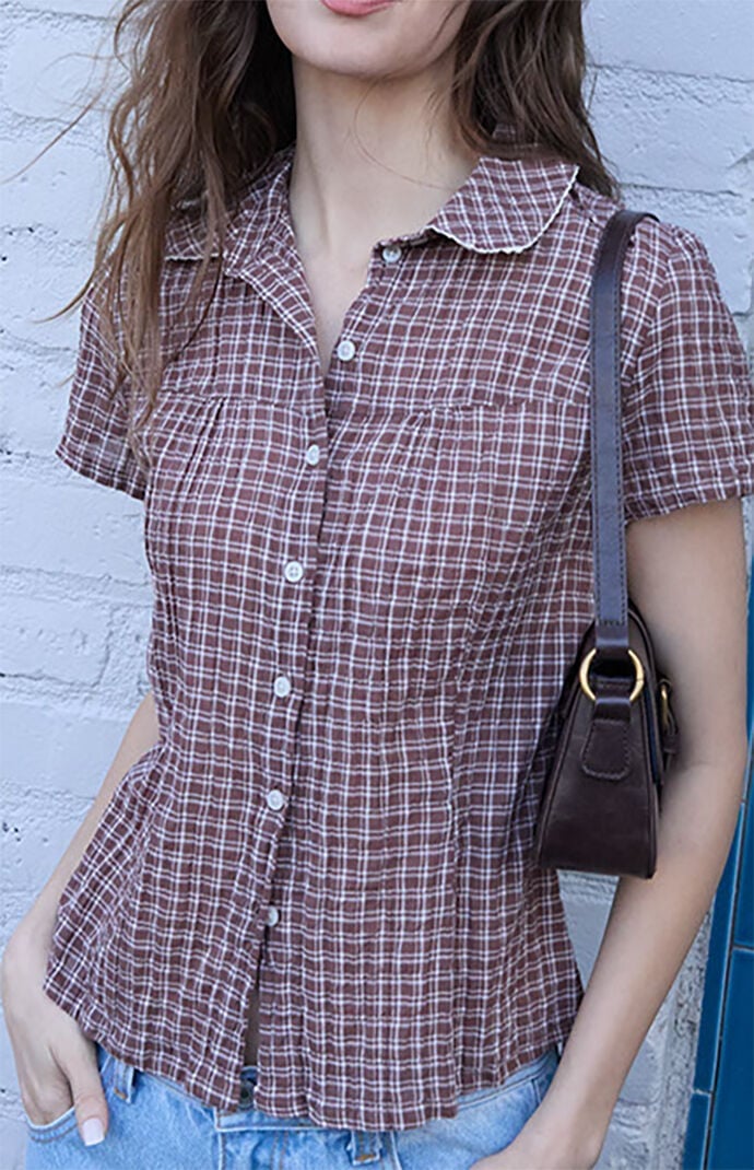 John Galt Brown Plaid Textured Teagan Collared Top