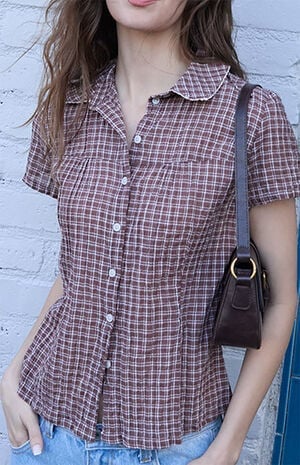 Brown Plaid Textured Teagan Collared Top image number 1