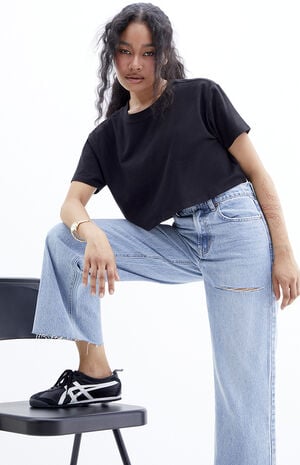 Nora Light Indigo Ripped Cropped Wide Leg Jeans image number 2