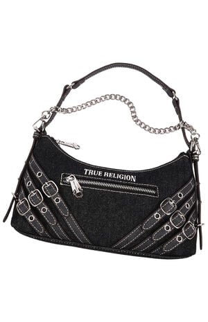 Triple Straps Black Denim Shoulder Bag image number 8