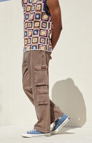 Eco Washed Brown Baggy Cargo Jeans image number 4