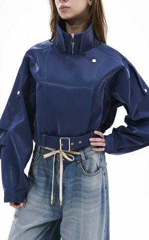 Babz Blue Liquid Luxe Faux Leather Moto Jacket image number 1