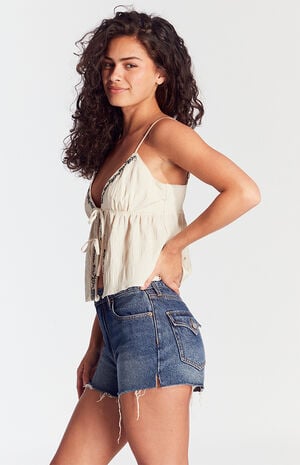 Dark Indigo Button Pocket High Waisted Denim Festival Shorts image number 3