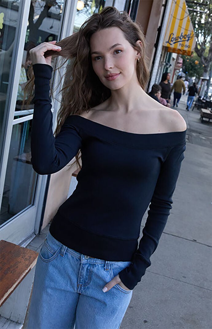 John Galt Black Ginny Long Sleeve Off-The-Shoulder Top
