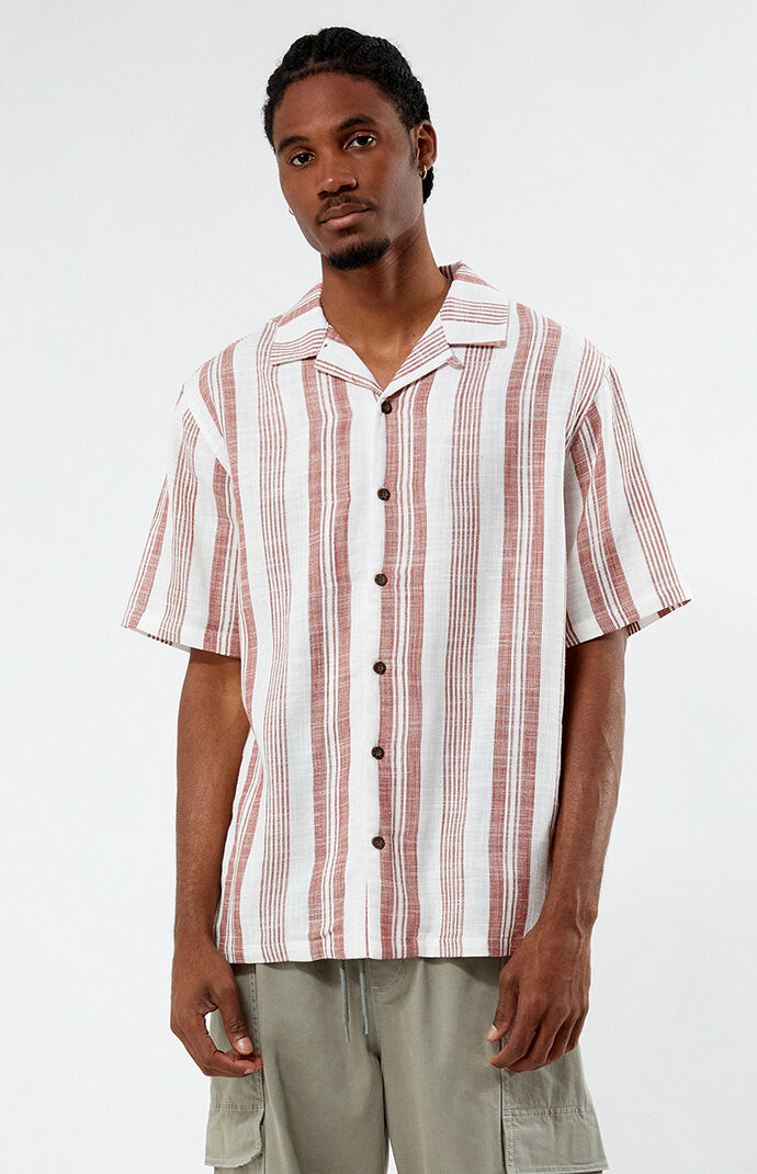 トップス 50~60s stripe camp collar shirt Blue and White Stripe Cotton-Linen Camp Collar Short Sleeve