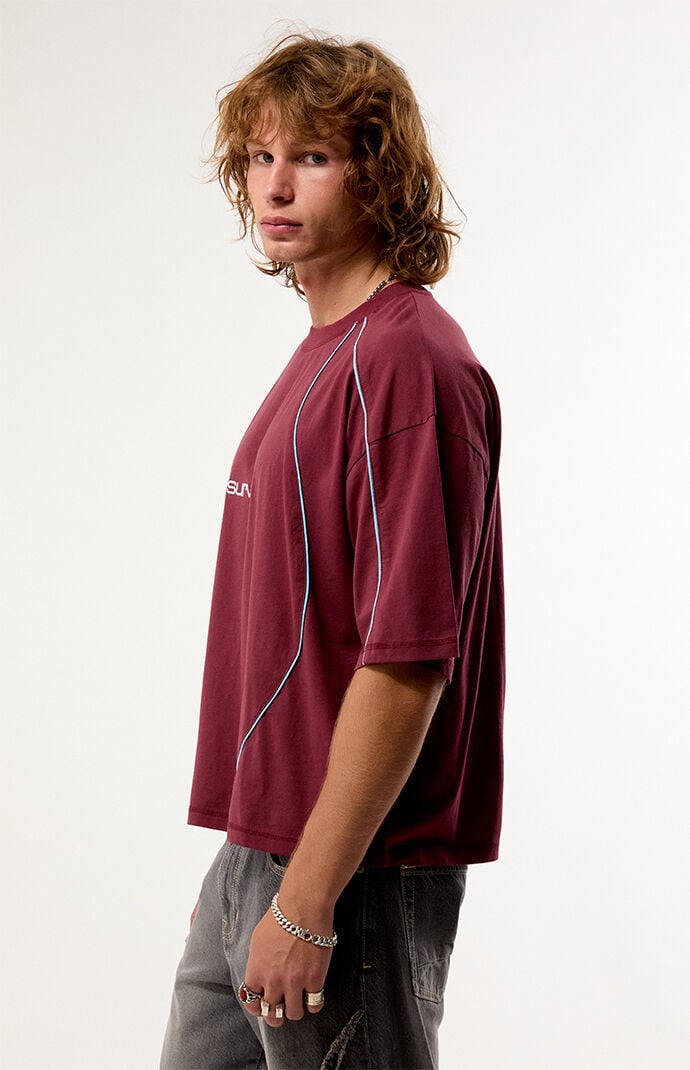 Pacsun Burgundy Survive Embroidered Piping Drop Shoulder T-Shirt