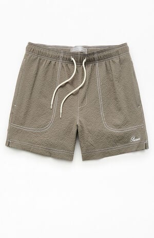 Cursive Contrast Stitched Seersucker 4.5" Swim Trunks image number 1
