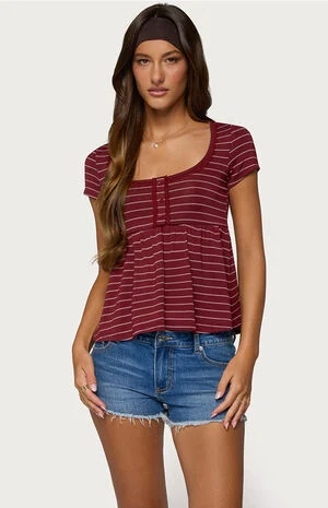 Jina Lacey Striped Babydoll Henley Top image number 1