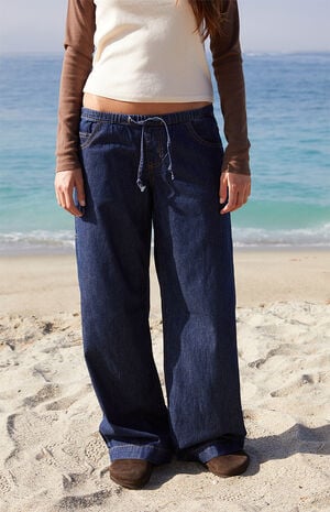 Dark Blue Gracie Drawstring Low Rise Baggy Jeans image number 1