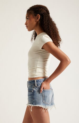 Jamie Denim Micro Shorts Exposed Button Frayed Light Blue image number 3