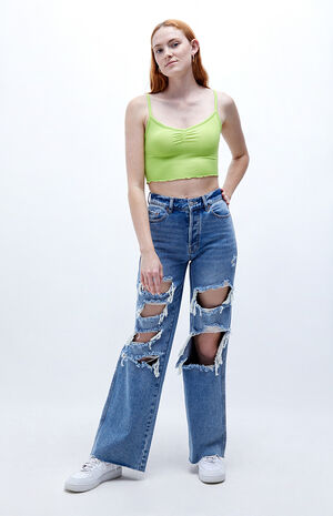 Medium Blue Distressed High Waisted Baggy Jeans image number 4