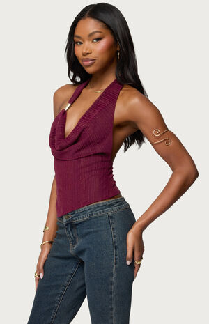 Mimi Asymmetric Textured Mesh Halter Top image number 2