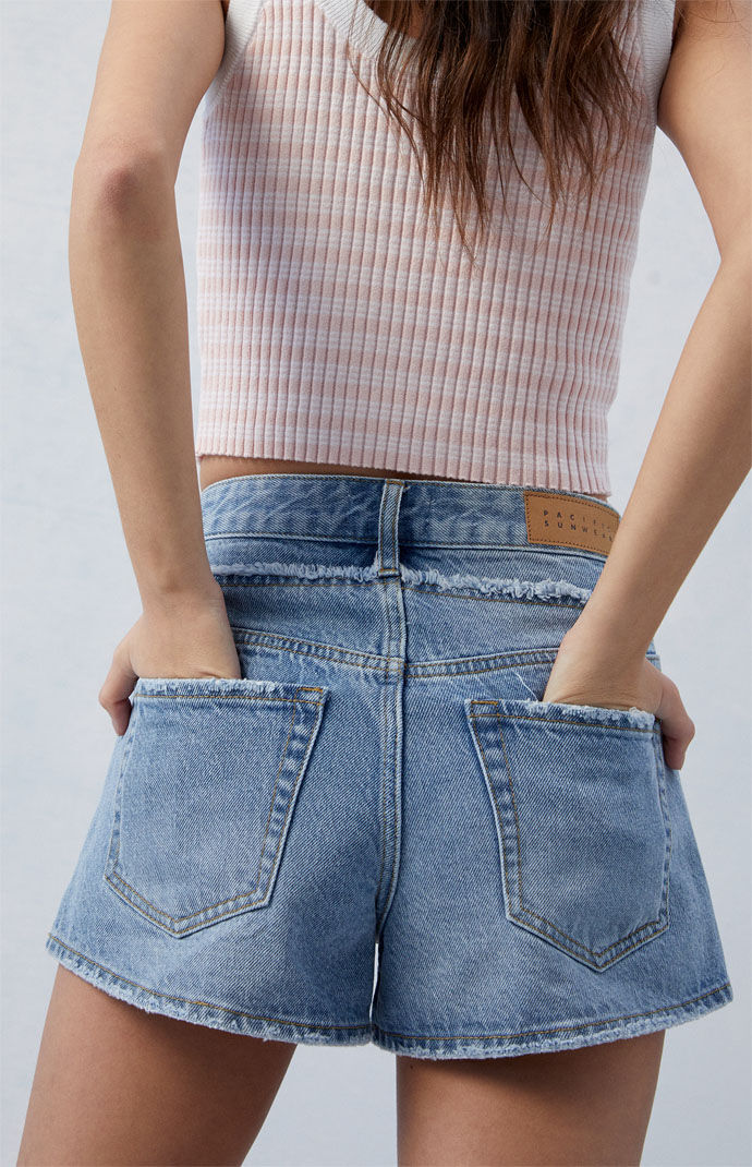 Pacsun Women s Eco Light Indigo Frayed High Waisted Denim Festival Shorts in Medium Indigo Size 24
