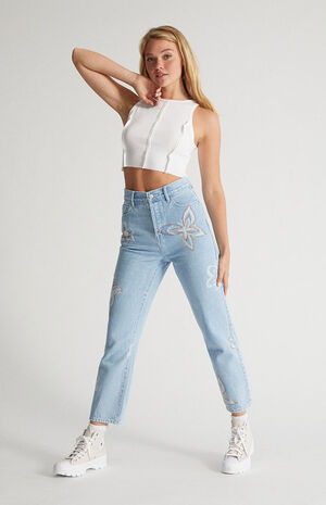 PacSun Eco Light Blue Butterfly High Waisted Straight Leg Jeans | PacSun