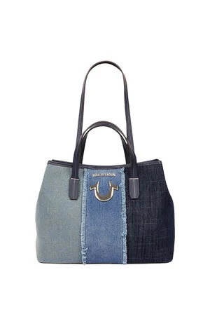 Frayed Denim Horseshoe Tote Bag image number 1