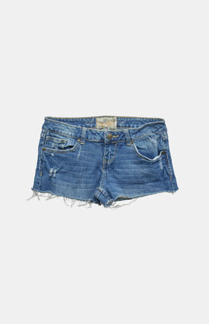 2000s Y2K Medium Blue Distressed Low Rise Micro Jean Shorts image number 1